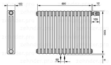 Схема (чертеж) Радиатор Zehnder Charleston 3100/15 №V008 Белый глянцевый RAL 9016